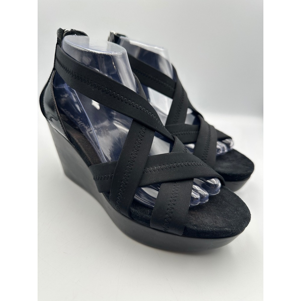 Donald J Pliner Jilli-D Wedge Sandals 8.5 Black Elastic Straps Zip Platform Boho